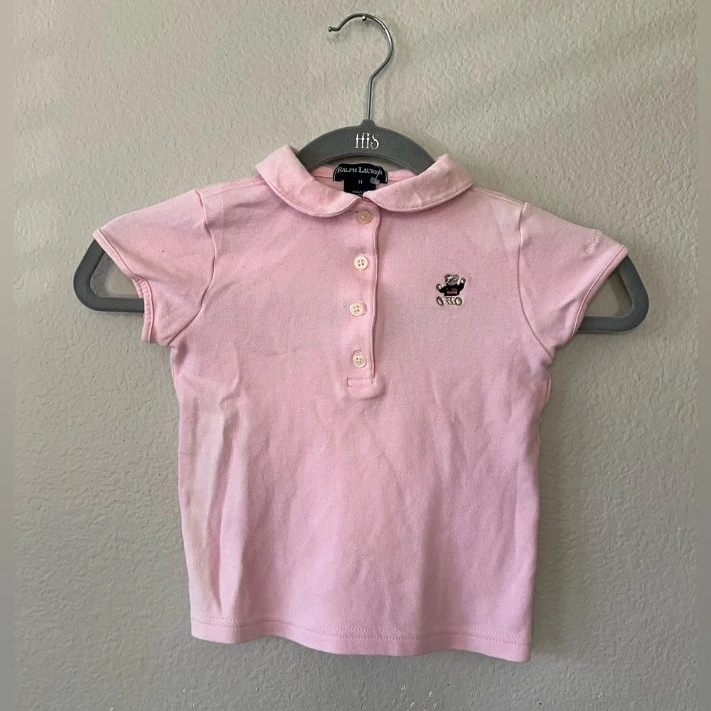 Ralph Lauren Pink Peter Pan Collar Polo Teddy Bear Embroidered Logo Girls 3T